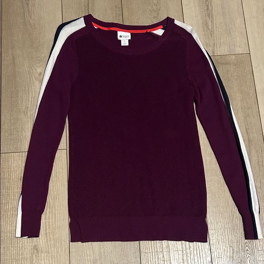 STYLUS Women's Burgundy Sweater with Striped Sleeves